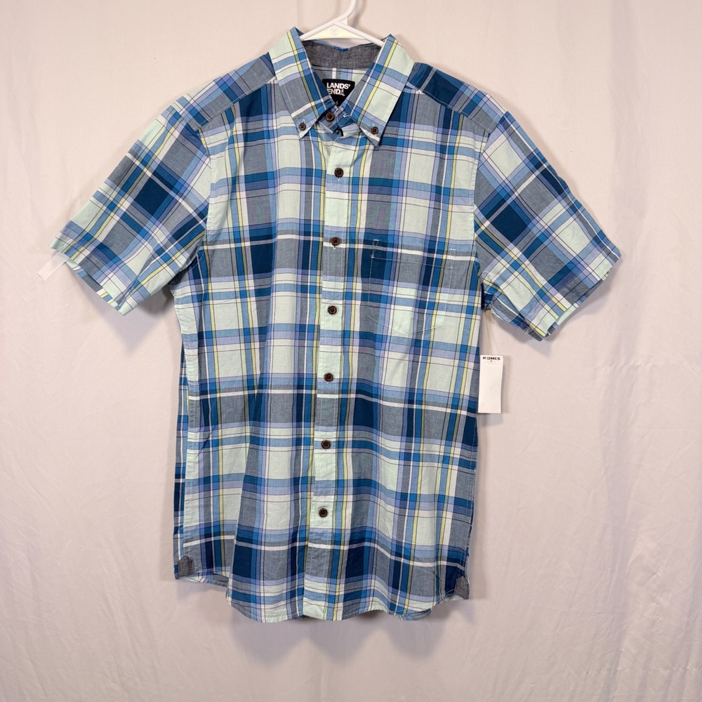 Lands' End Shirt Button Down Plaid Blue Green Short Sleeve Mens‎ Size S
